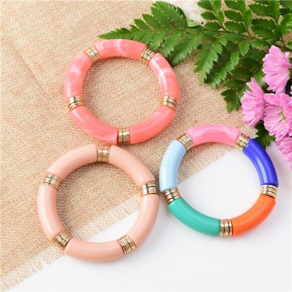 Colorful Acrylic Bamboo Bangle Bracelet | 14K Gold Plated Accents | Handmade - Picture 2 of 5